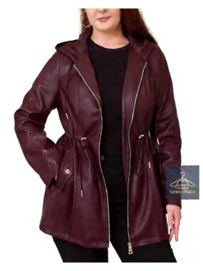 Plus Size Faux Leather Hooded Moto Biker Jacket Coat